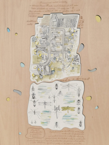 Dažďová záhrada ilustrácia papier a preglejka