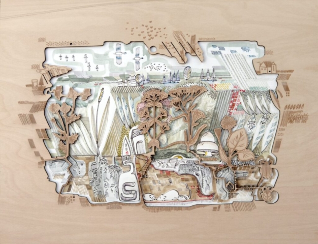 Biodiverzita ilustrácia maľba na papier a laserovaná preglejka